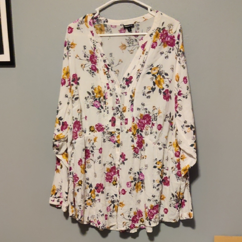 Floral Women's Top - White with Pink and Yellow Accents
